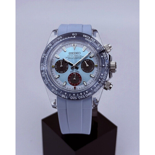 Custom Seiko Mod • Clear Light Blue Plastic Daytona • 39mm